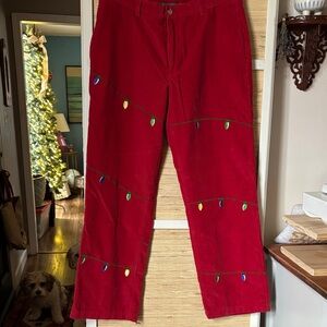Vineyard Vines Red Corduroy Pants with embroidered Holiday Lights